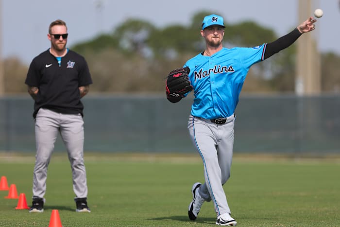 Feb 17, 2024; Jupiter, FL, USA; Miami Marlins starting pitcher Braxton Garrett (29) throws a baseball during a spring training workout at the Marlins Player Development & Scouting Complex.
